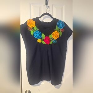 Vibrant Floral Embroidered Black Blouse